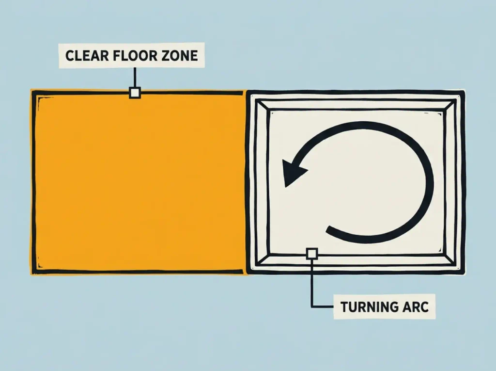 Flat linocut overhead diagram of a litter box showing the clear floor zone on the entry side and the cat's turning arc inside the box