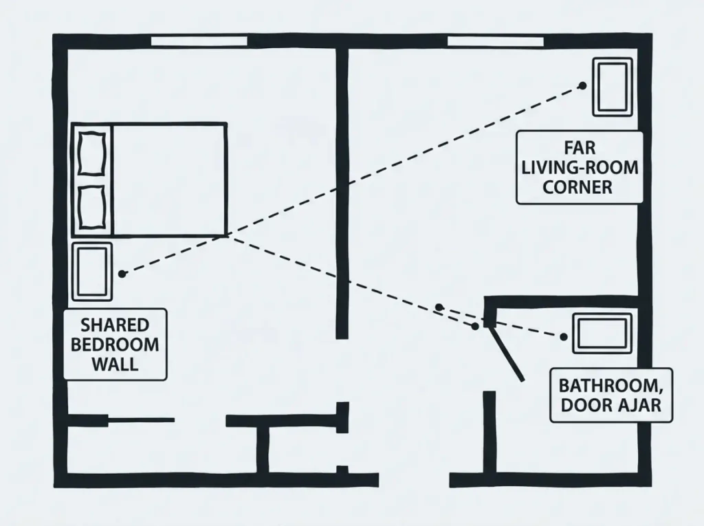 Overhead floor plan of a one-bedroom apartment marking three candidate litter box positions with their distance to the bed