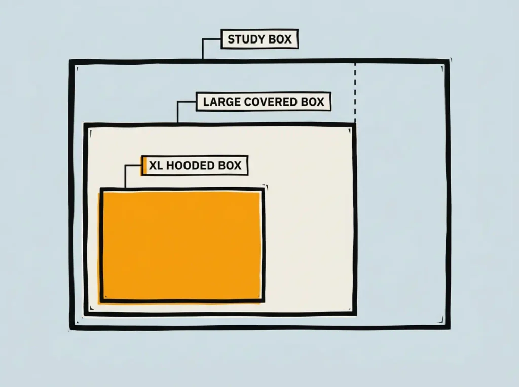 Flat linocut diagram comparing three nested litter box floor footprints from largest study box to smallest XL hooded box