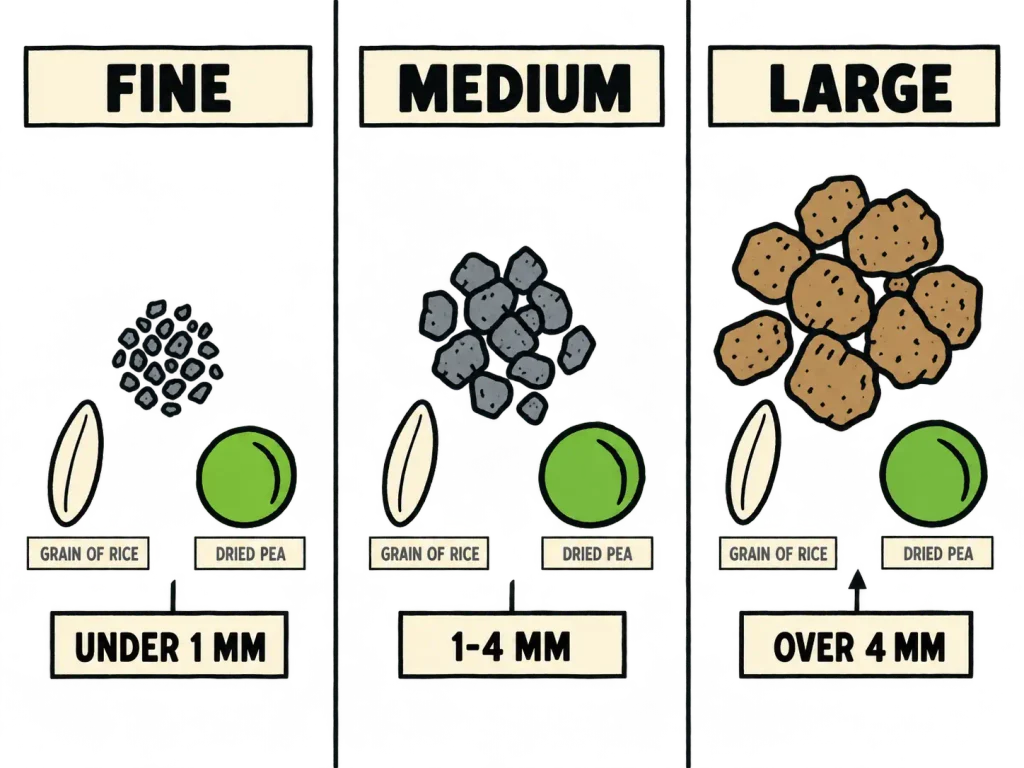 Linocut chart comparing fine, medium, and large litter granules by millimeter size against a grain of rice and a dried pea