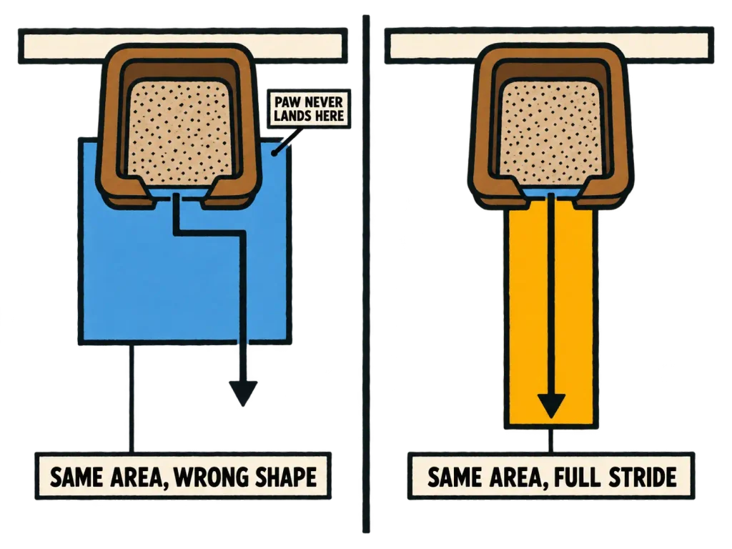 Flat overhead diagram comparing a square litter mat under the box versus a runner mat on the exit path, same floor area, different coverage