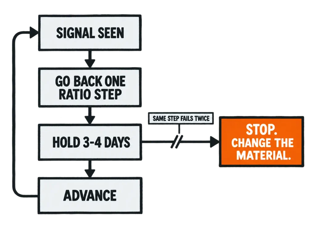 Linocut decision flow diagram for handling a litter switch setback: signal seen, go back one ratio step, hold four days, advance, or stop and change material after two failed attempts