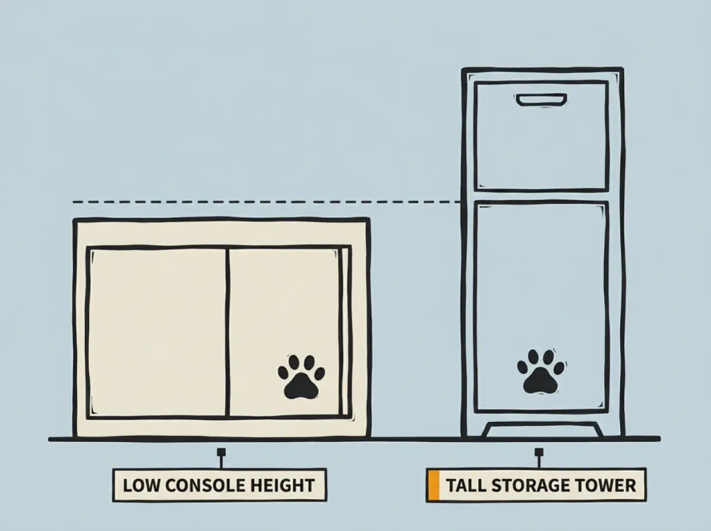 Flat linocut side-by-side comparison of a low console-height litter enclosure and a tall storage-tower litter enclosure