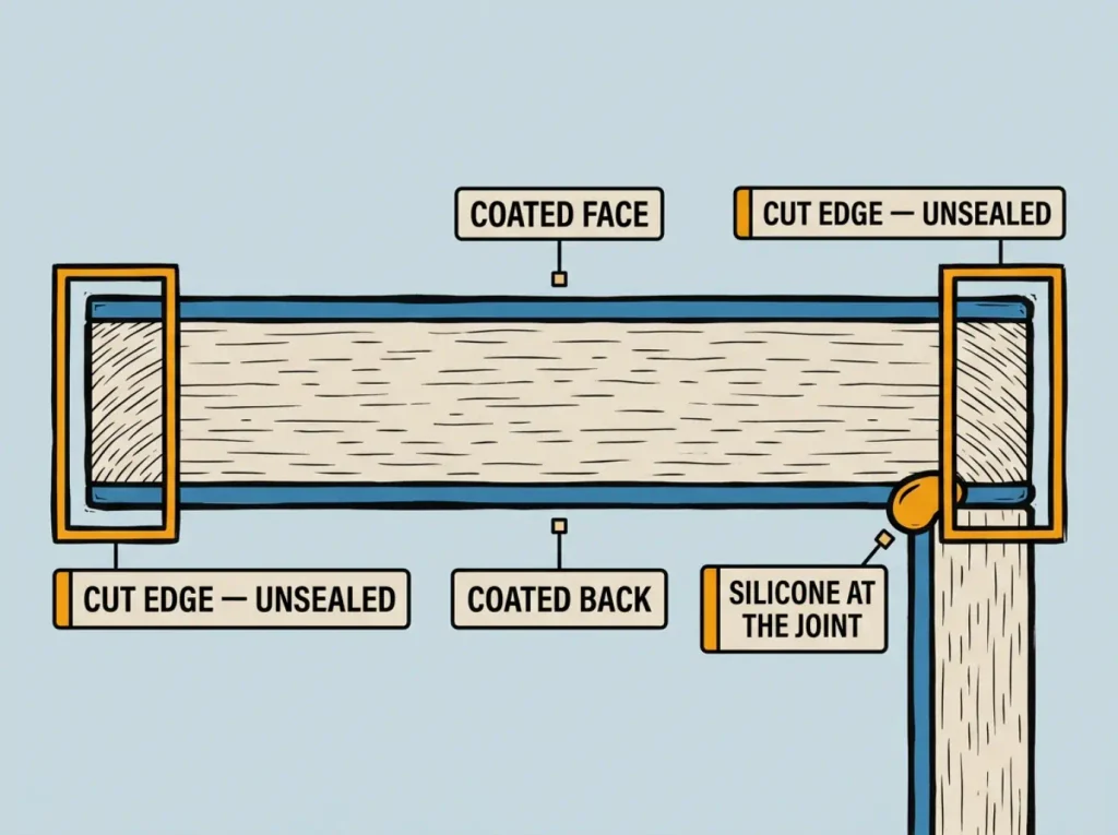 Flat linocut cross-section of an MDF panel showing sealed faces, unsealed cut edges, and a silicone-sealed base joint