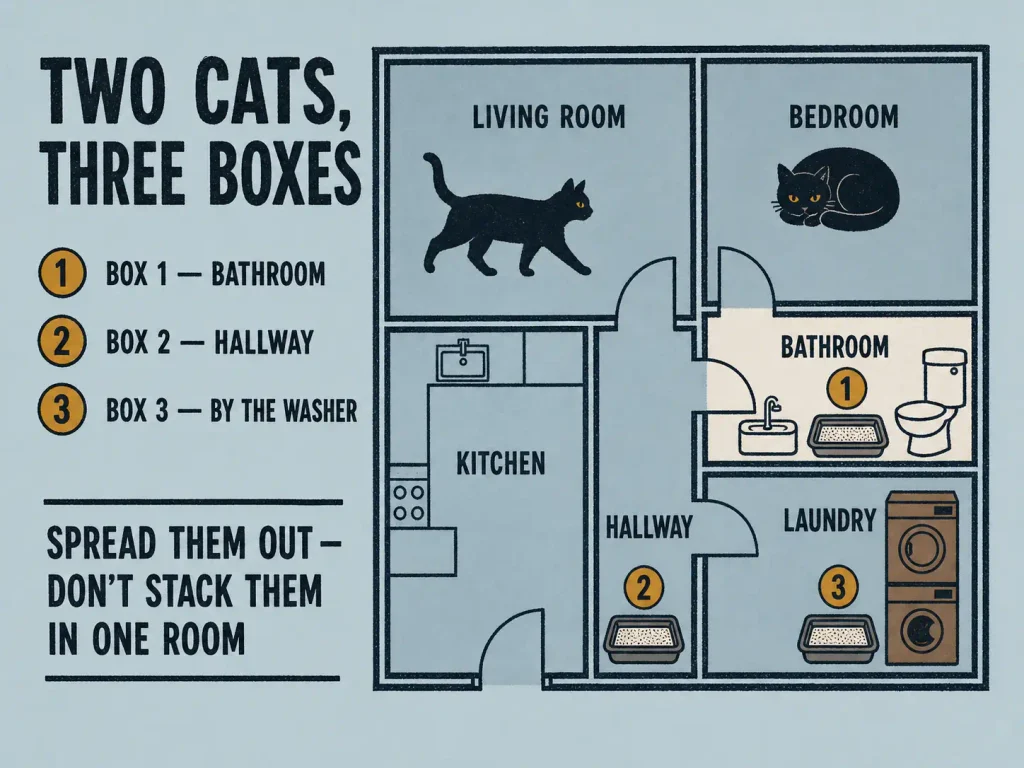 Floor plan diagram showing the n+1 litter box rule for two cats and three boxes spread across a one-bedroom apartment
