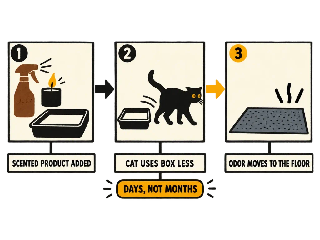 Diagram showing how scented products near a litter box lead to less use and odor in the floor, in three linked steps