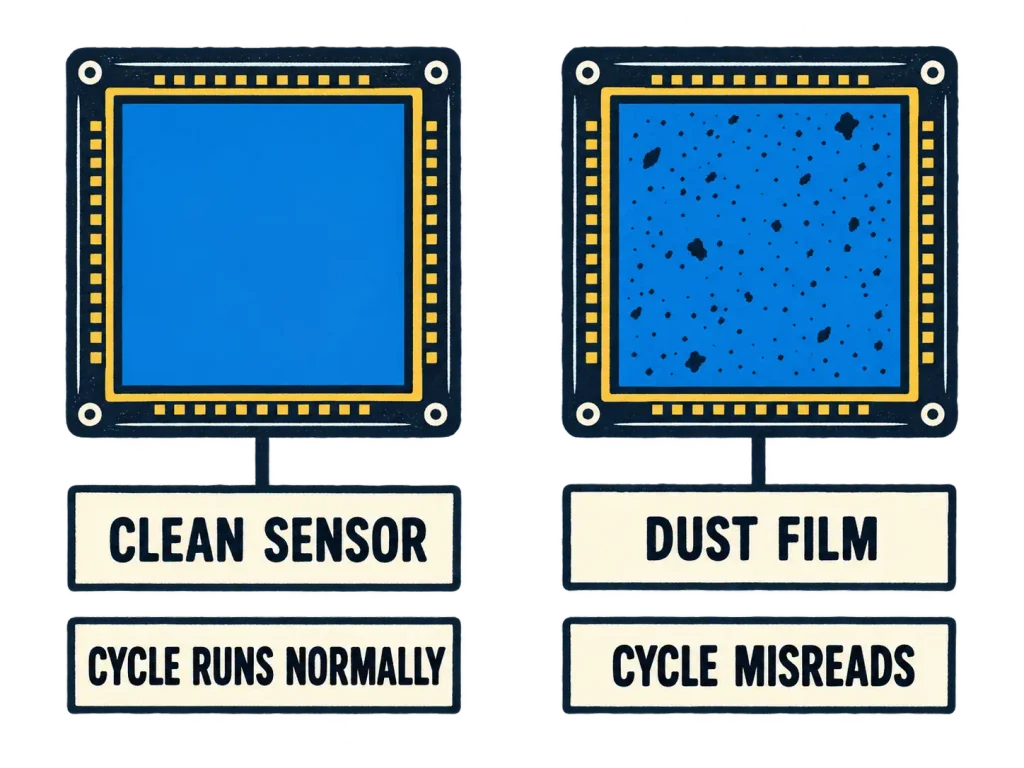 Two-state linocut diagram of a litter box sensor window, clean versus dust-filmed, with the resulting cycle behavior labeled below each state