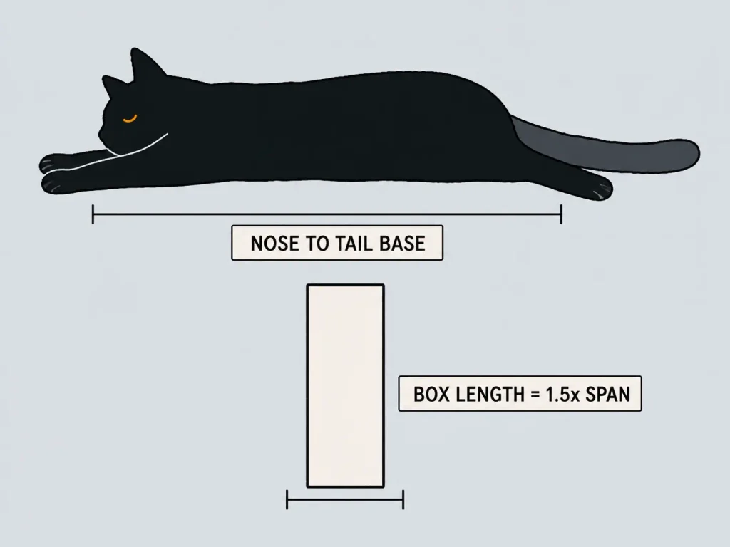 Linocut diagram of a stretched cat with the measured span from nose to tail base marked, beside a bar showing that span multiplied by 1.5 as the minimum litter box length