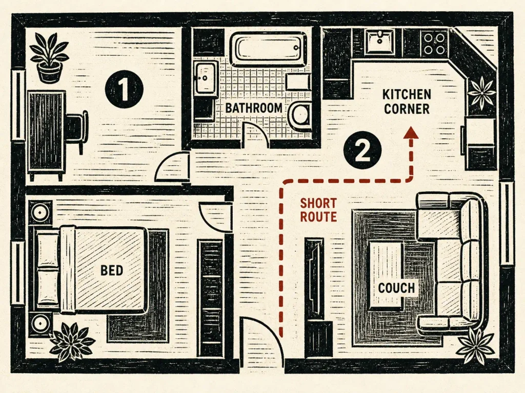 Flat linocut overhead floor plan showing two candidate litter box spots in a studio apartment and the short route to the couch