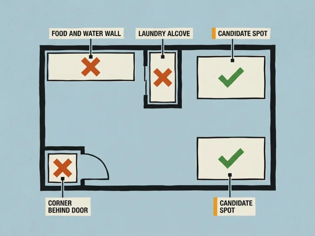Flat linocut studio floor plan marking three disqualified litter box zones and two surviving candidate zones