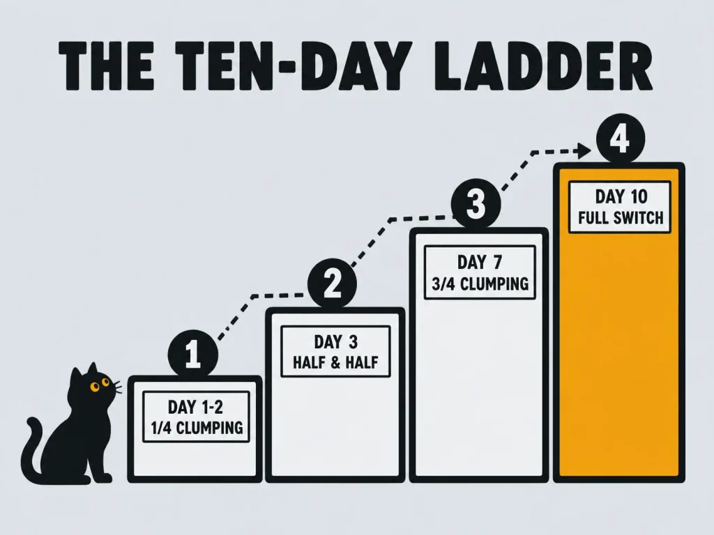 Flat linocut timeline showing the ten-day clumping litter transition ladder with four mixing ratio steps by day