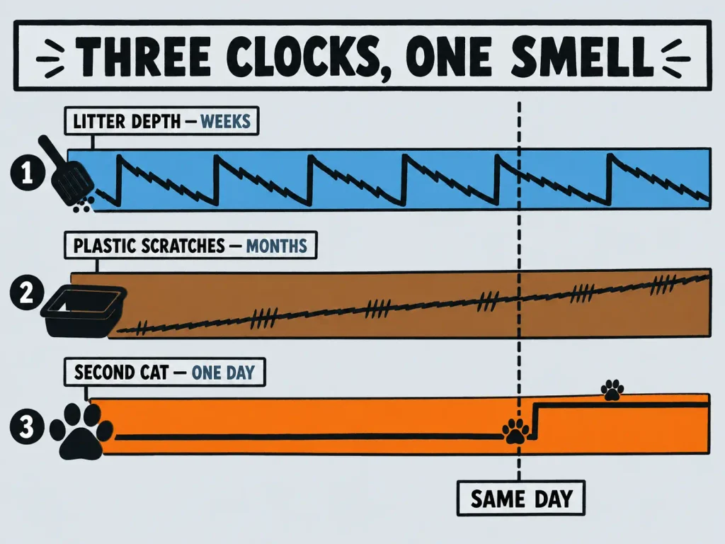Linocut timeline showing three clocks behind litter box odor: litter depth, plastic scratches, second cat arrival