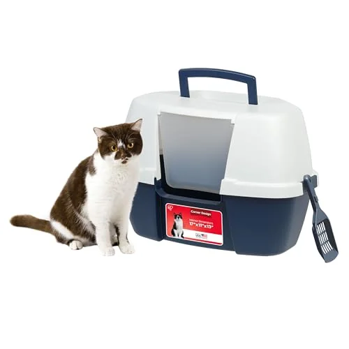 IRIS USA Large Corner Cat Litter Box, Space Saver, Navy/White