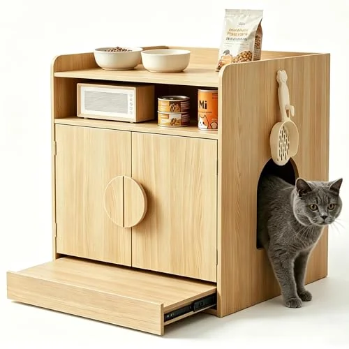 JanflyHome Cat Litter Box Enclosure with Pull-Out Drawer and Storage Shelf, natural wood