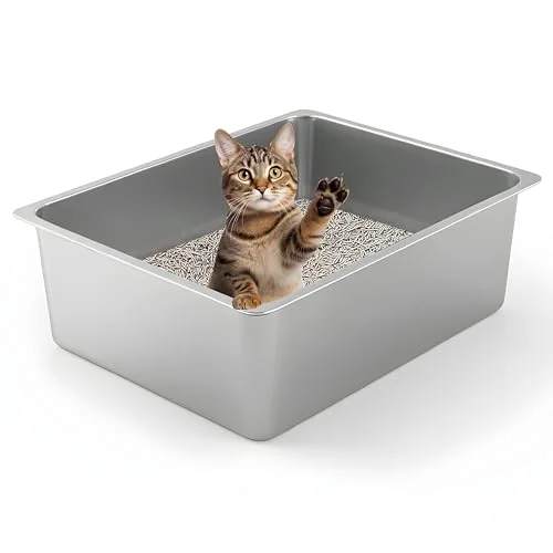 Kirecoo Large High Sided Stainless Steel Cat Litter Box