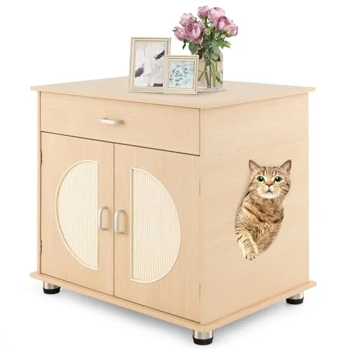 Tangkula Litter Box Enclosure, Hidden Cat Washroom with Drawer and Sisal Scratching Doors