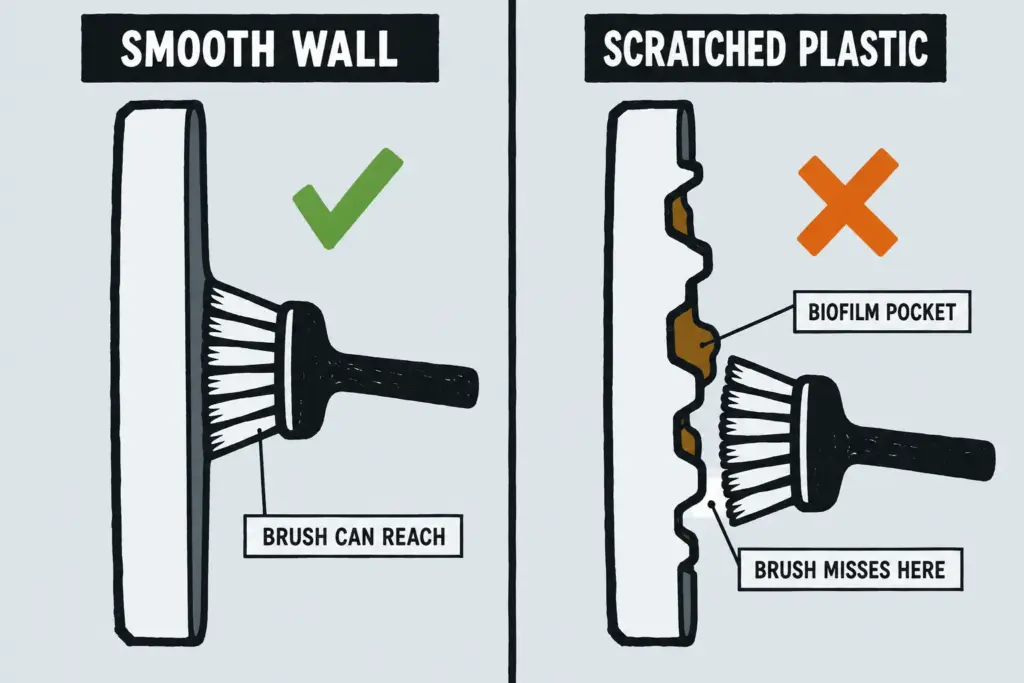 Infographic comparing a smooth bowl wall to scratched plastic in cross-section, showing biofilm pockets a brush cannot reach