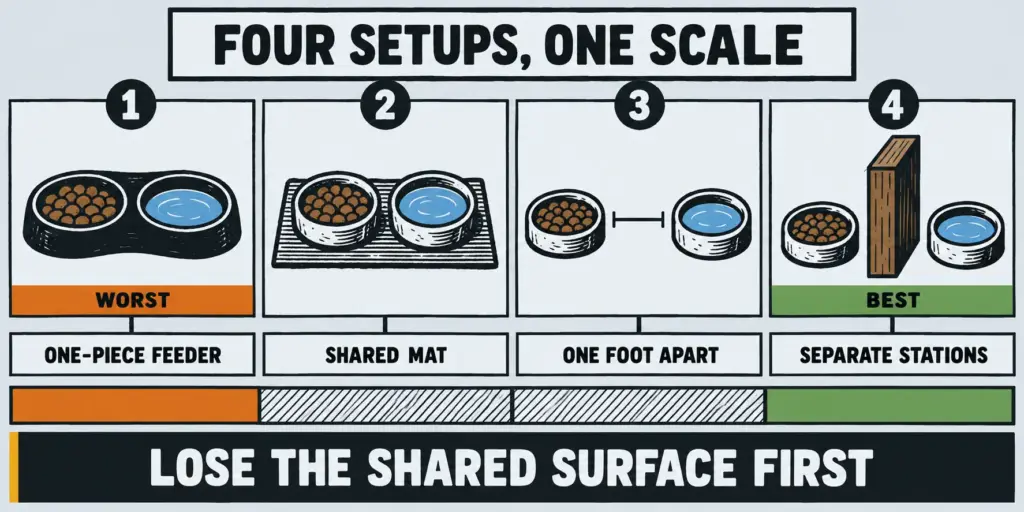 Flat linocut diagram ranking four cat bowl setups from one-piece feeder to separate stations, worst to best