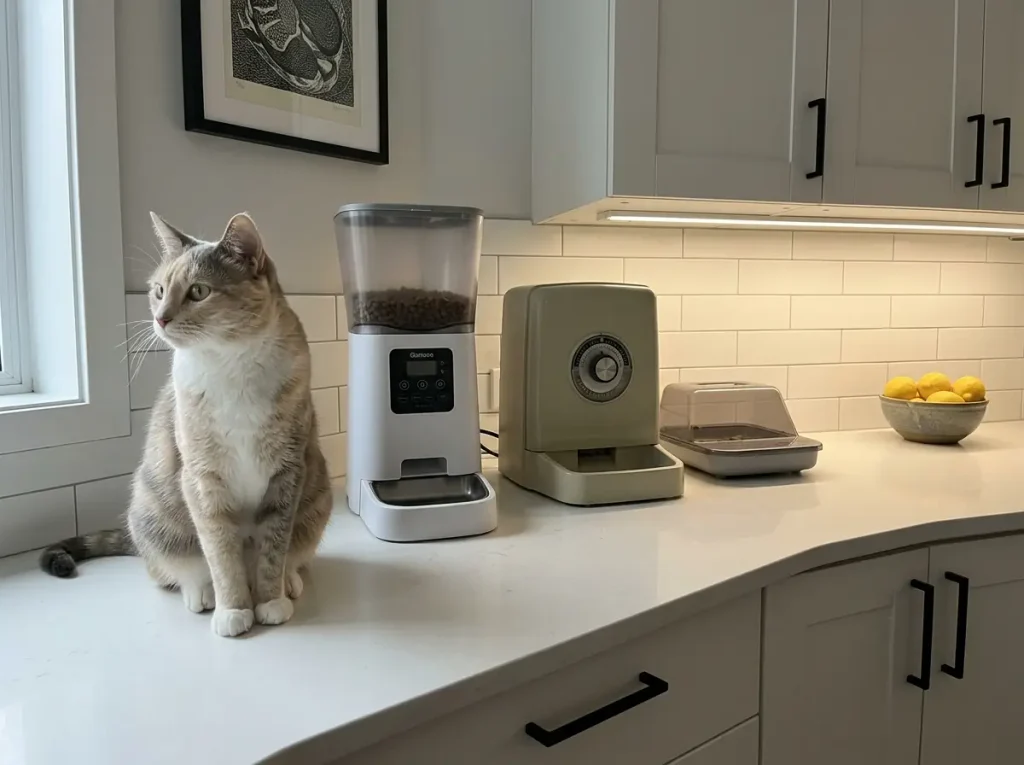 Three automatic cat feeders of different ages lined up on a kitchen counter for comparison