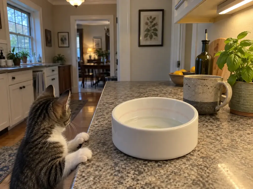 Close view of a cat water bowl on a counter showing a faint pink ring at the waterline