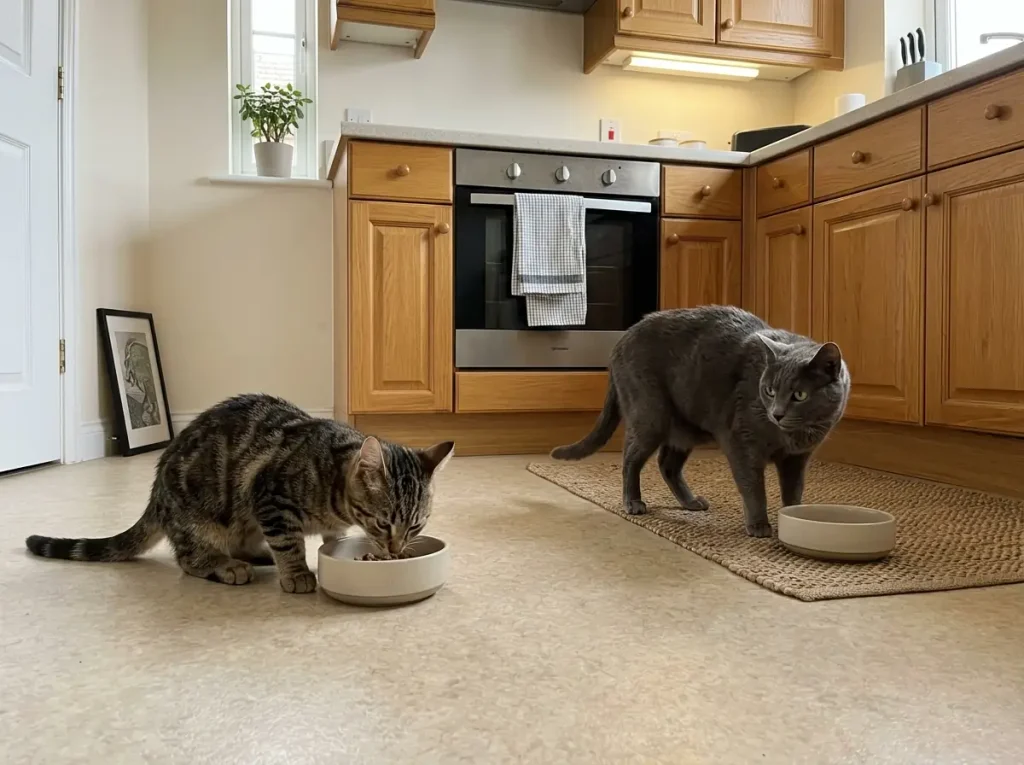 Kitten and older cat waiting at separate bowls, showing how meal counts differ by age