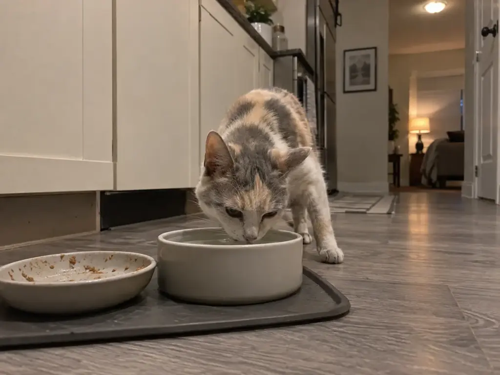 Two cat bowls on a kitchen floor mat, one wet food bowl and one water bowl, at the end of a meal