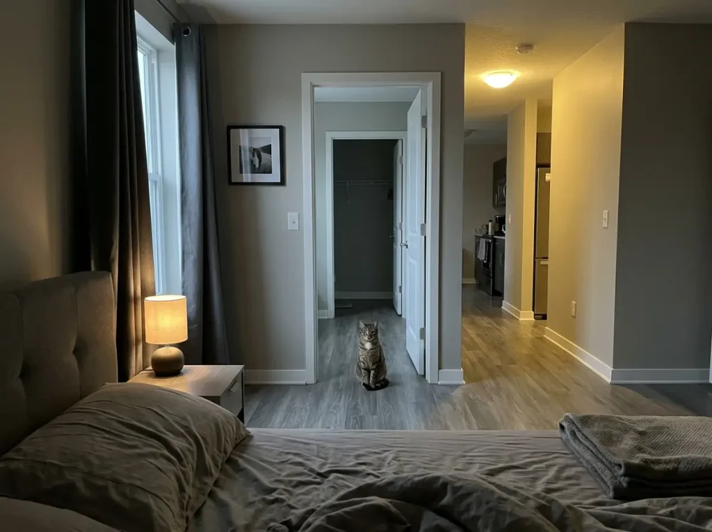A tabby cat sitting in a bedroom doorway at dawn, waiting for someone to get up and feed her
