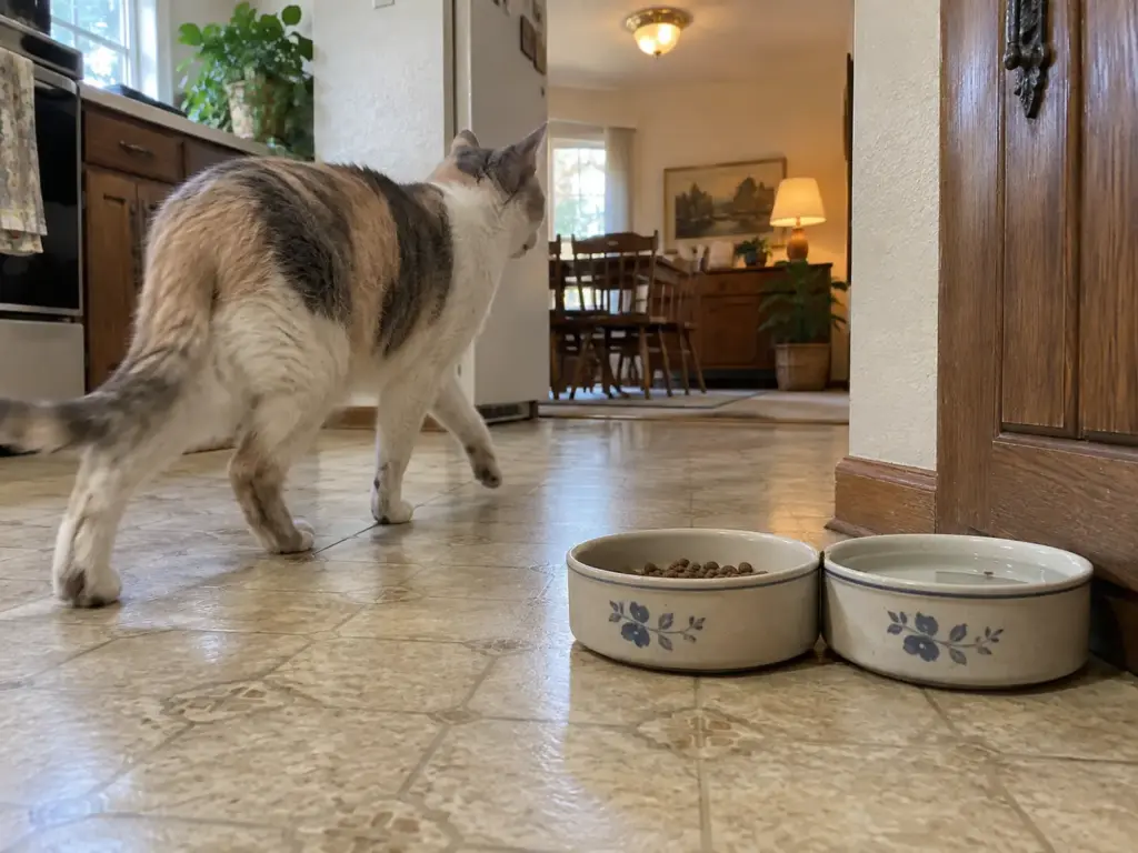 Cat walking past a water bowl set right beside its food dish on a kitchen floor