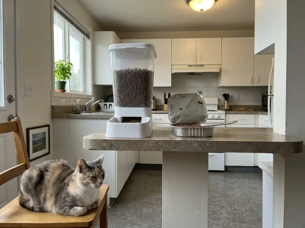 Dry-food hopper feeder set aside on a counter next to an open pouch of wet cat food