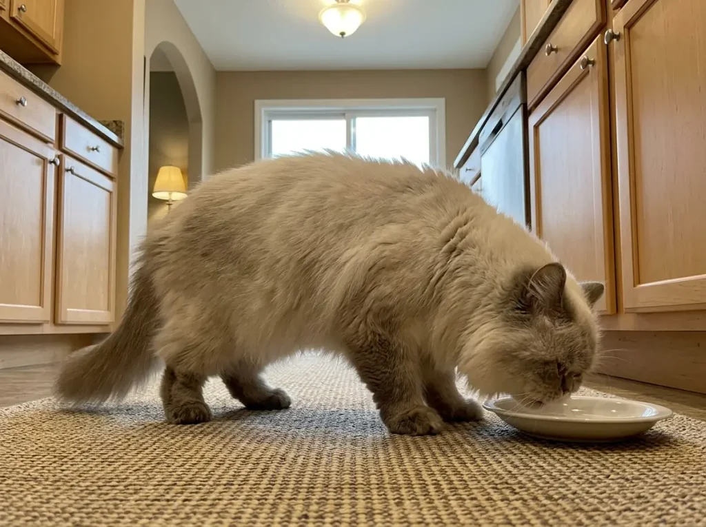 Flat-faced Persian cat crouching low to reach food in a shallow dish on the floor