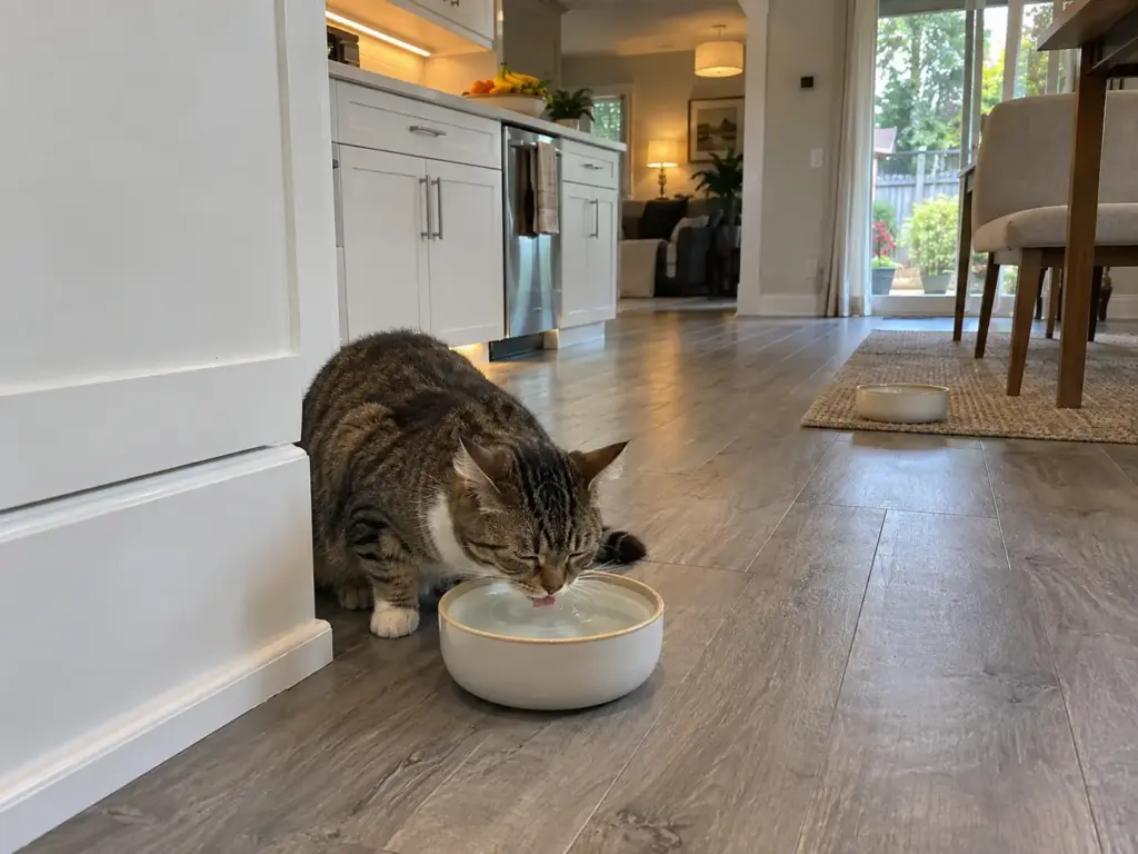Two water bowls on a kitchen floor with a tabby cat drinking from the nearer one