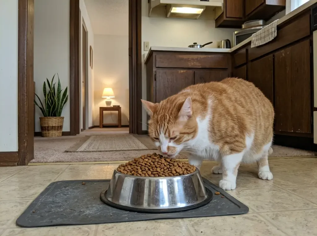 A full bowl of dry food on a kitchen floor with a round tabby standing over it