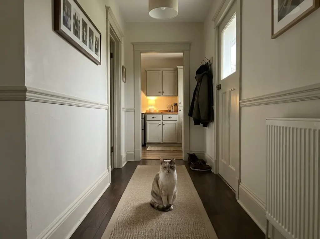 Empty hallway with a cat sitting by the front door, waiting, in an older city house