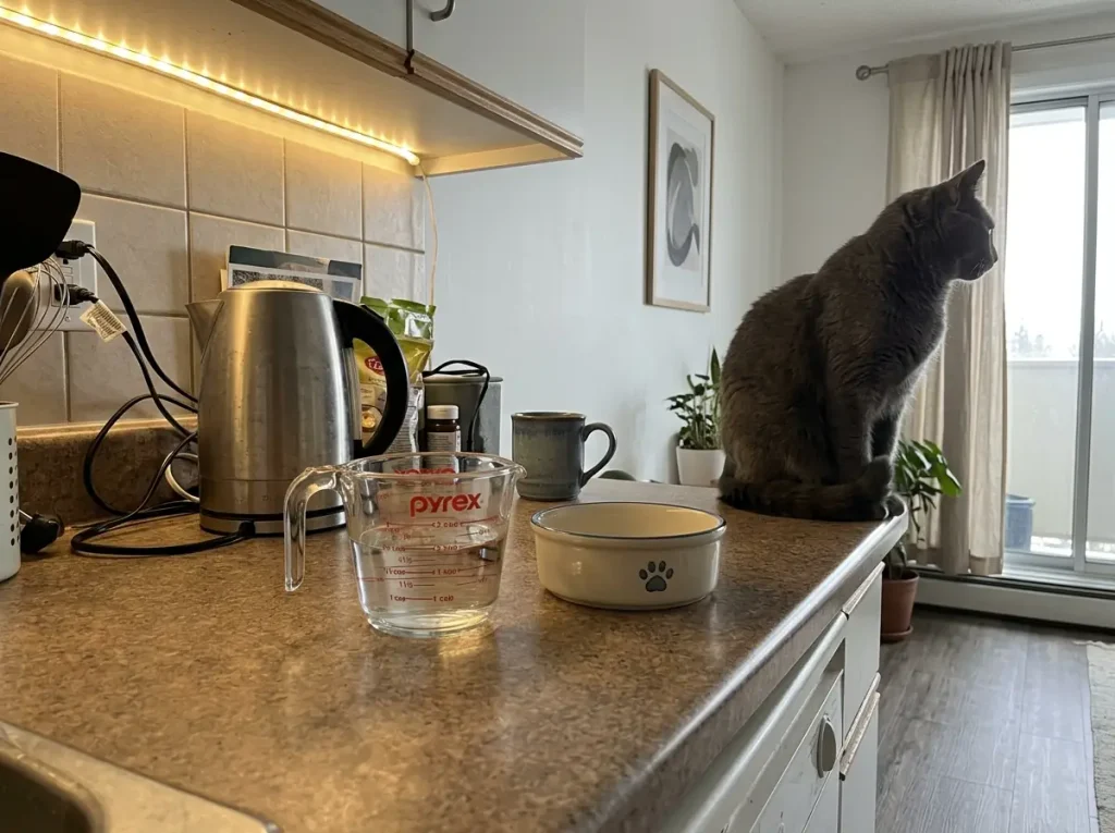 A measuring cup beside a cat water bowl on a small apartment kitchen counter
