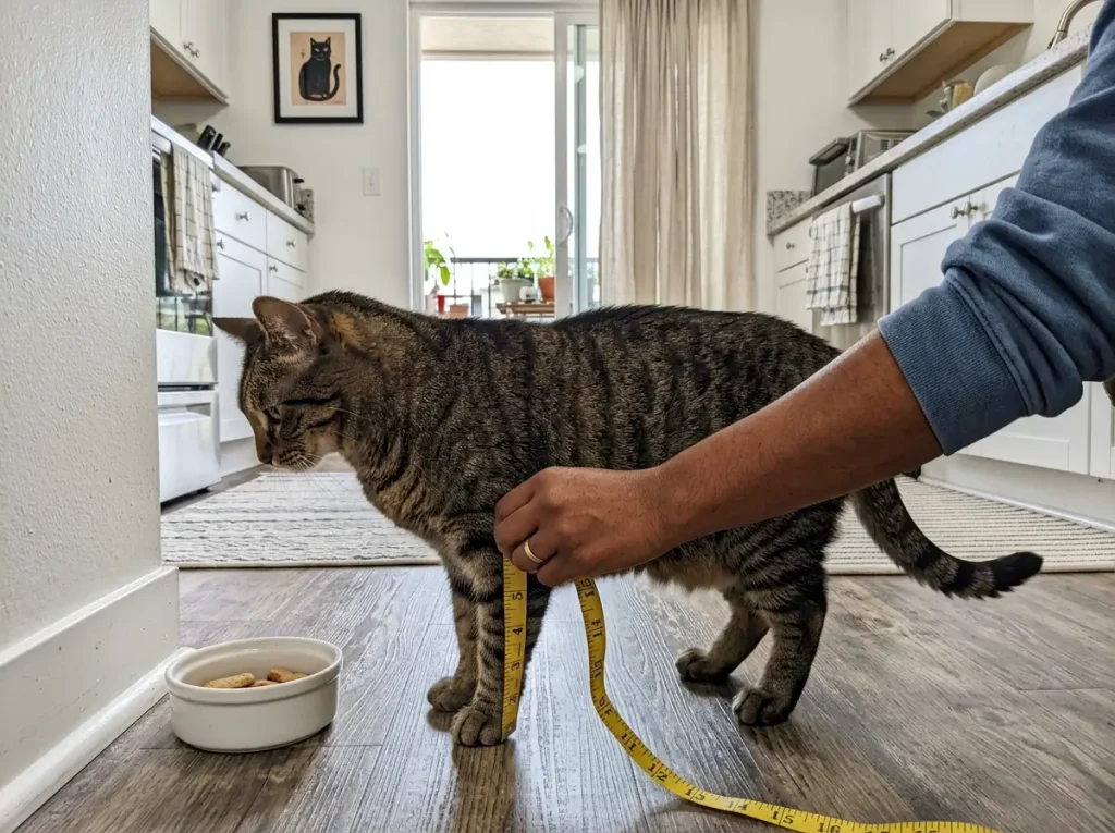 Tabby cat standing square in profile beside a food plate on the kitchen floor