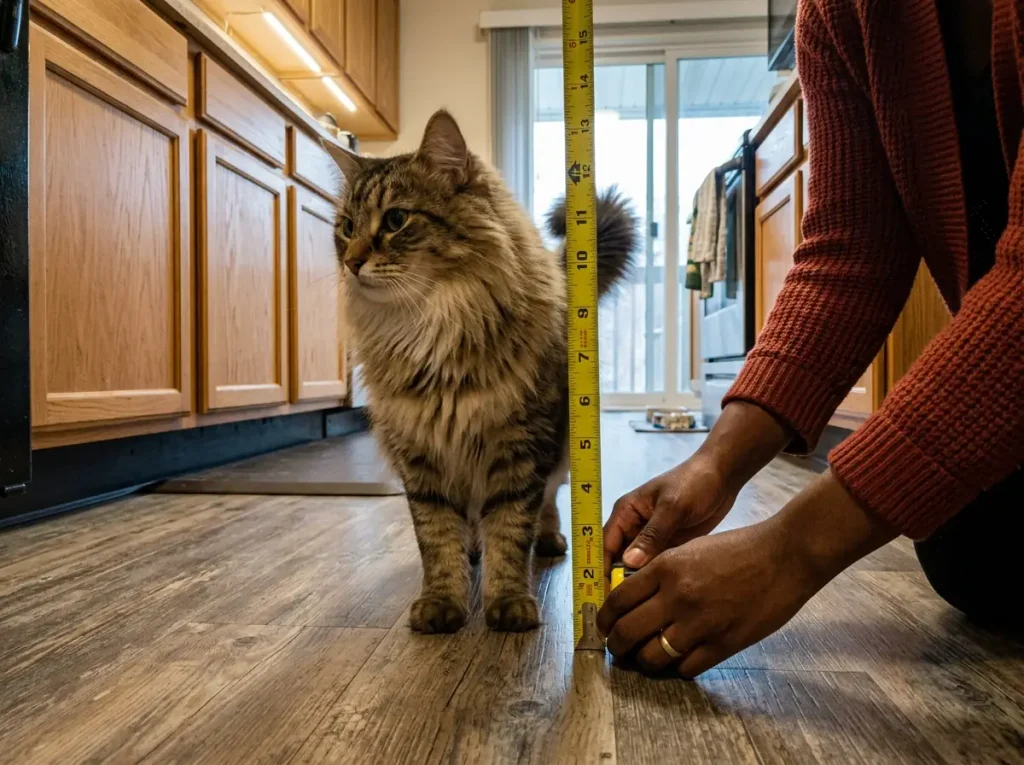 A tape measure held against a large tabby cat's front leg to find the right cat bowl height