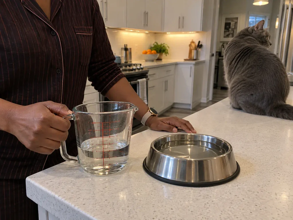 A measuring jug beside a cat water bowl on a kitchen counter, used to track daily water intake