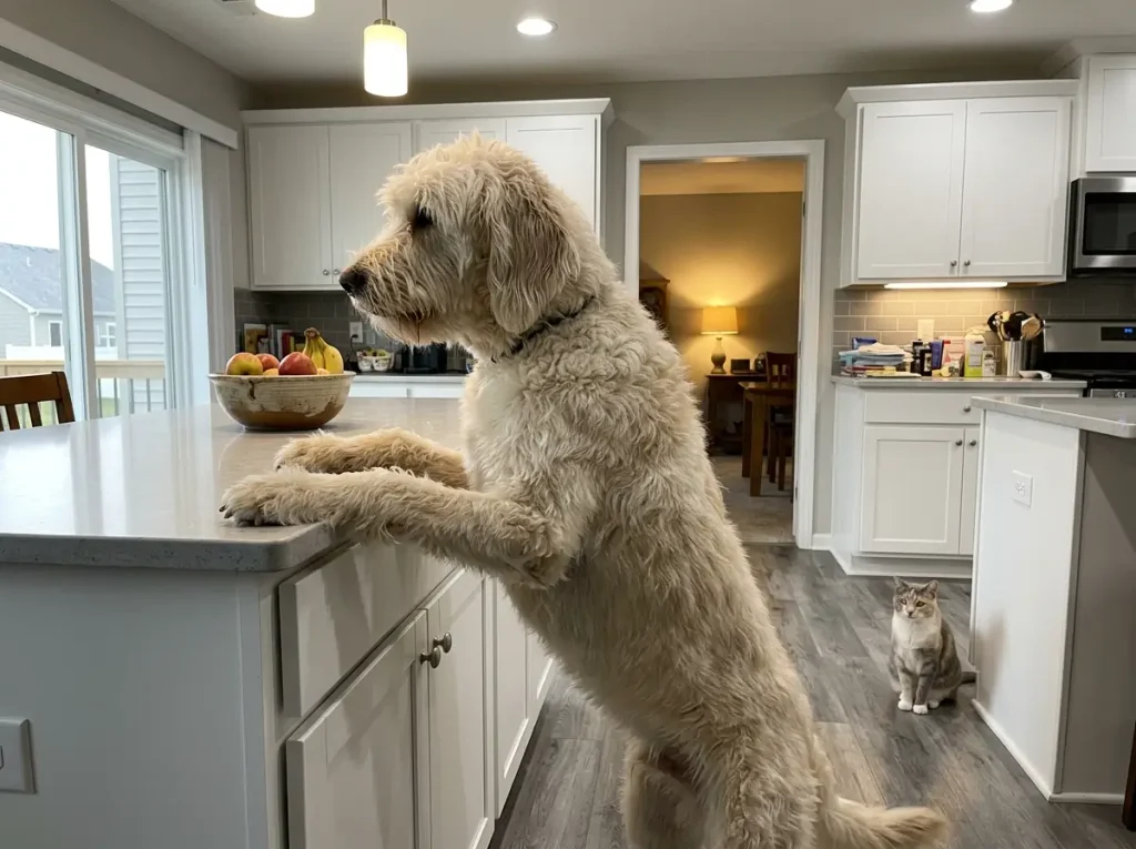 Large dog with its front paws on a kitchen counter edge, showing how high it can already reach