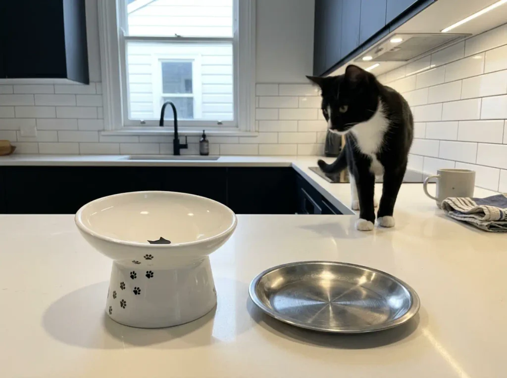 Necoichi tilted elevated cat bowl on a kitchen counter beside a plain flat bowl for comparison