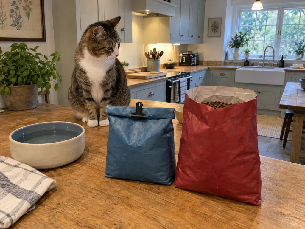 Two bags of dry cat food side by side on a wooden worktop, one newly opened