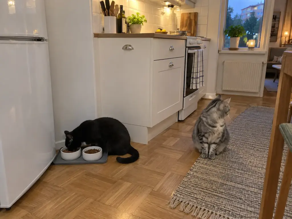 Two cat bowls side by side on one tray in a small apartment kitchen, one cat eating, the other sitting back