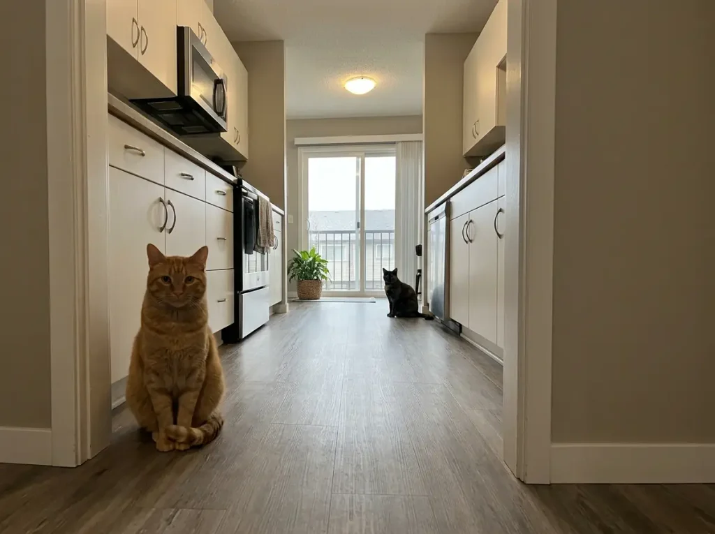 Two cats waiting at opposite ends of a small kitchen before being fed