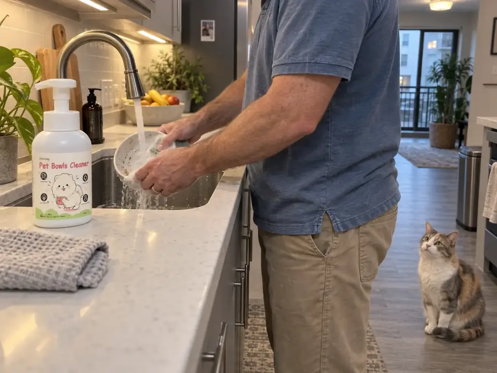 A shallow wet-food bowl being washed at the sink right after the meal, pet bowl cleaner on the counter