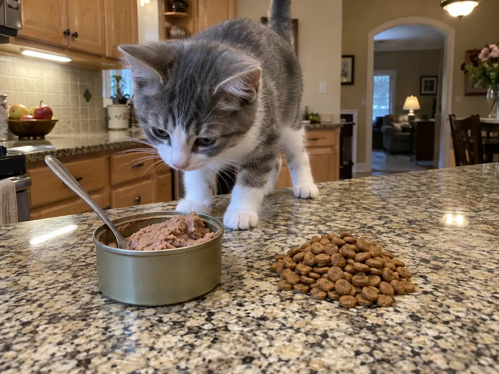 An open can of pate wet cat food and a scoop of dry kibble side by side on a kitchen counter