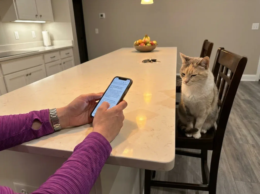 Hands holding a phone showing a news article above a kitchen counter, a cat sitting on a stool nearby