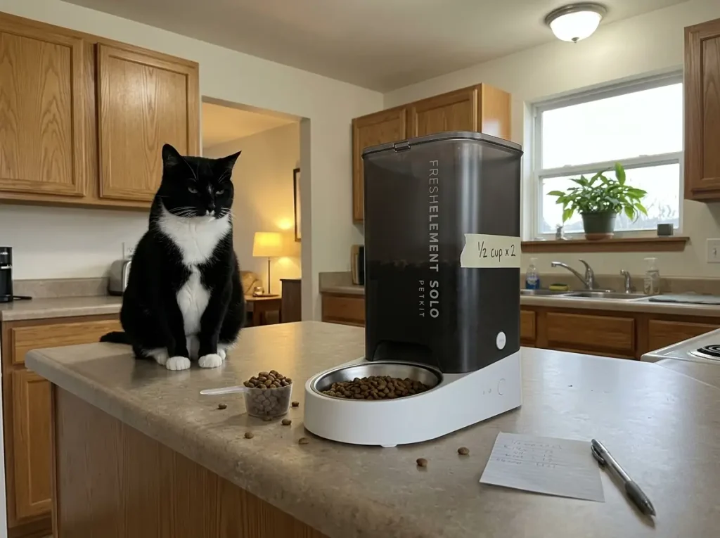 Automatic cat feeder on a kitchen counter with a measuring scoop of kibble beside it