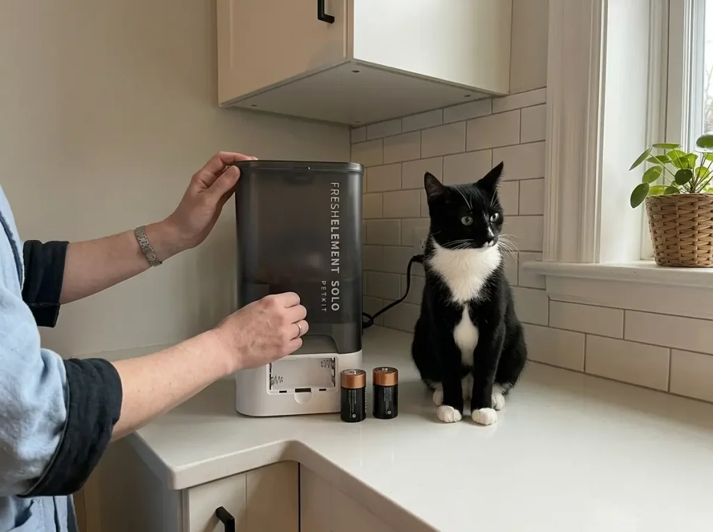 Hands opening the battery compartment of a PETKIT automatic cat feeder on a kitchen counter