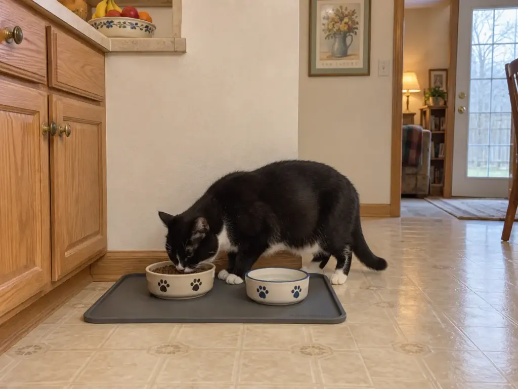 Cat bowls on a silicone feeding mat against a kitchen wall, out of the walking route