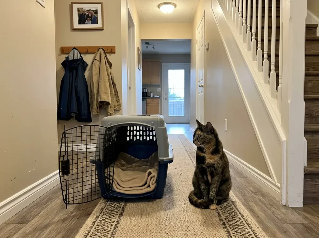 An open cat carrier on a hallway rug with a small older tortoiseshell cat sitting beside it