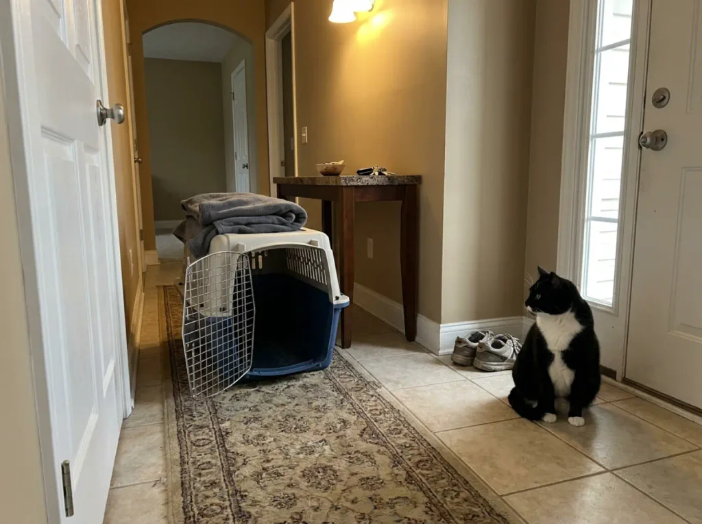 A pet carrier sitting open on a hallway rug beside a clean cat water bowl in an older home